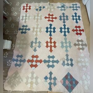 Antique Queen Cross Quilt Americana Faded Blue Red Large